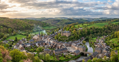 A quaint village with stone houses, a church with a tall steeple, a castle on a hill, and a river winding through green countryside