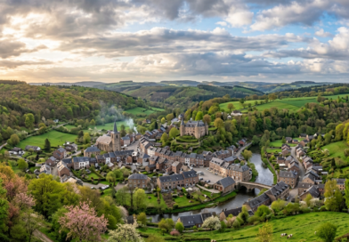 A quaint village with stone houses, a church with a tall steeple, a castle on a hill, and a river winding through green countryside