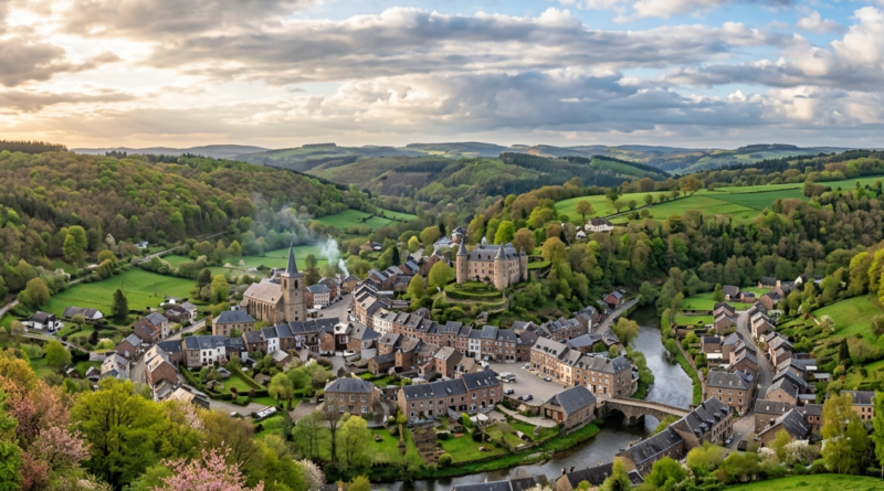A quaint village with stone houses, a church with a tall steeple, a castle on a hill, and a river winding through green countryside